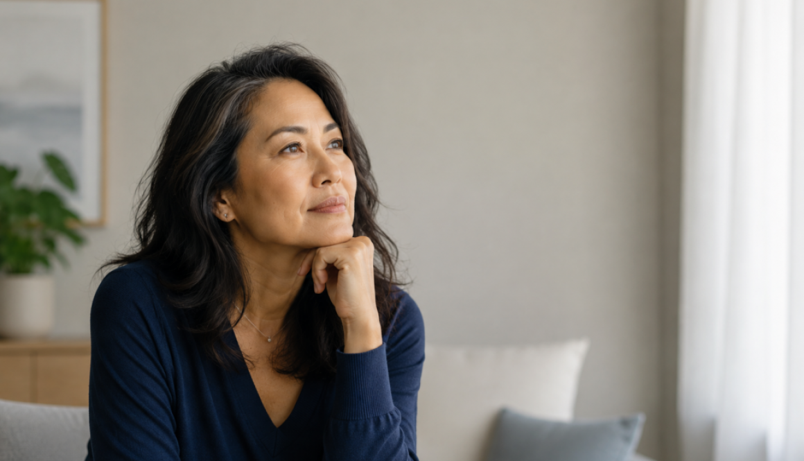 Asian woman hand on chin thinking