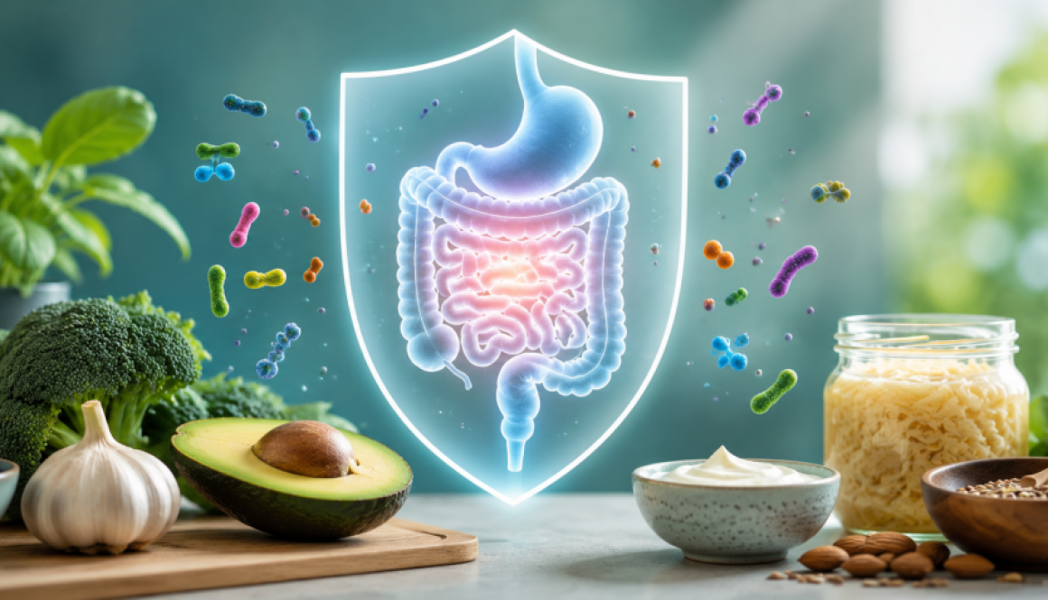 Healthy food and graphic of stomach and intestines
