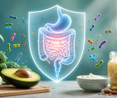 Healthy food and graphic of stomach and intestines