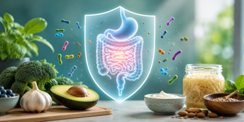 Healthy food and graphic of stomach and intestines