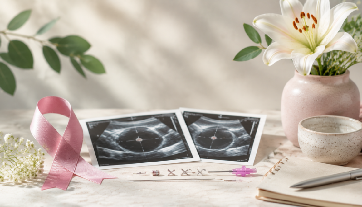 Breast biopsy markers, ultrasound images, and breast cancer awareness symbols arranged in a calm medical setting