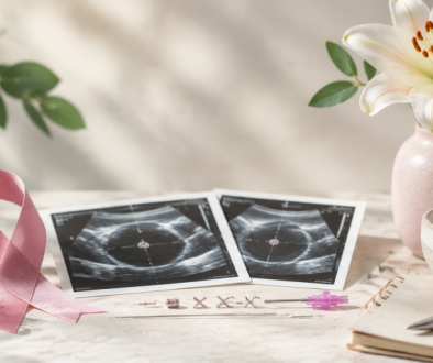 Breast biopsy markers, ultrasound images, and breast cancer awareness symbols arranged in a calm medical setting