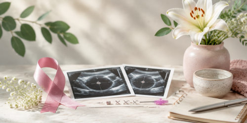 Breast biopsy markers, ultrasound images, and breast cancer awareness symbols arranged in a calm medical setting