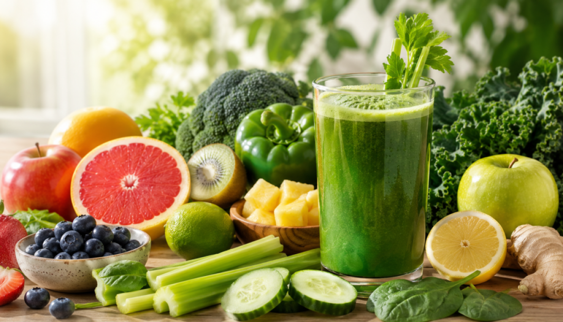 Fruits and vegetables with green joice