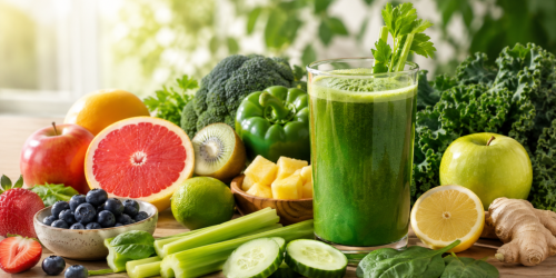 Fruits and vegetables with green joice