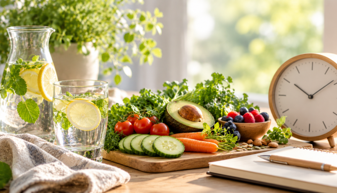 Green vegetables, fresh fruit, lemon water, and a clock representing short-term fasting before chemotherapy.
