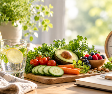 Green vegetables, fresh fruit, lemon water, and a clock representing short-term fasting before chemotherapy.