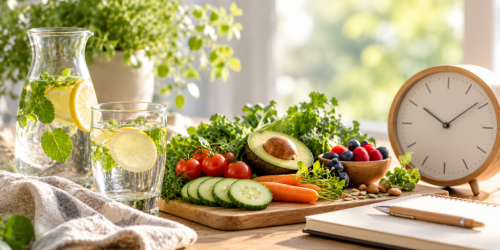Green vegetables, fresh fruit, lemon water, and a clock representing short-term fasting before chemotherapy.